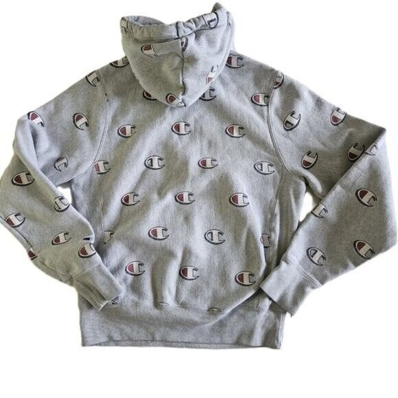 Champion Hoodie Mens S Grey Reverse Weave Kanga Pocket LS AOP Y2K Preppy Casual - Picture 12 of 12